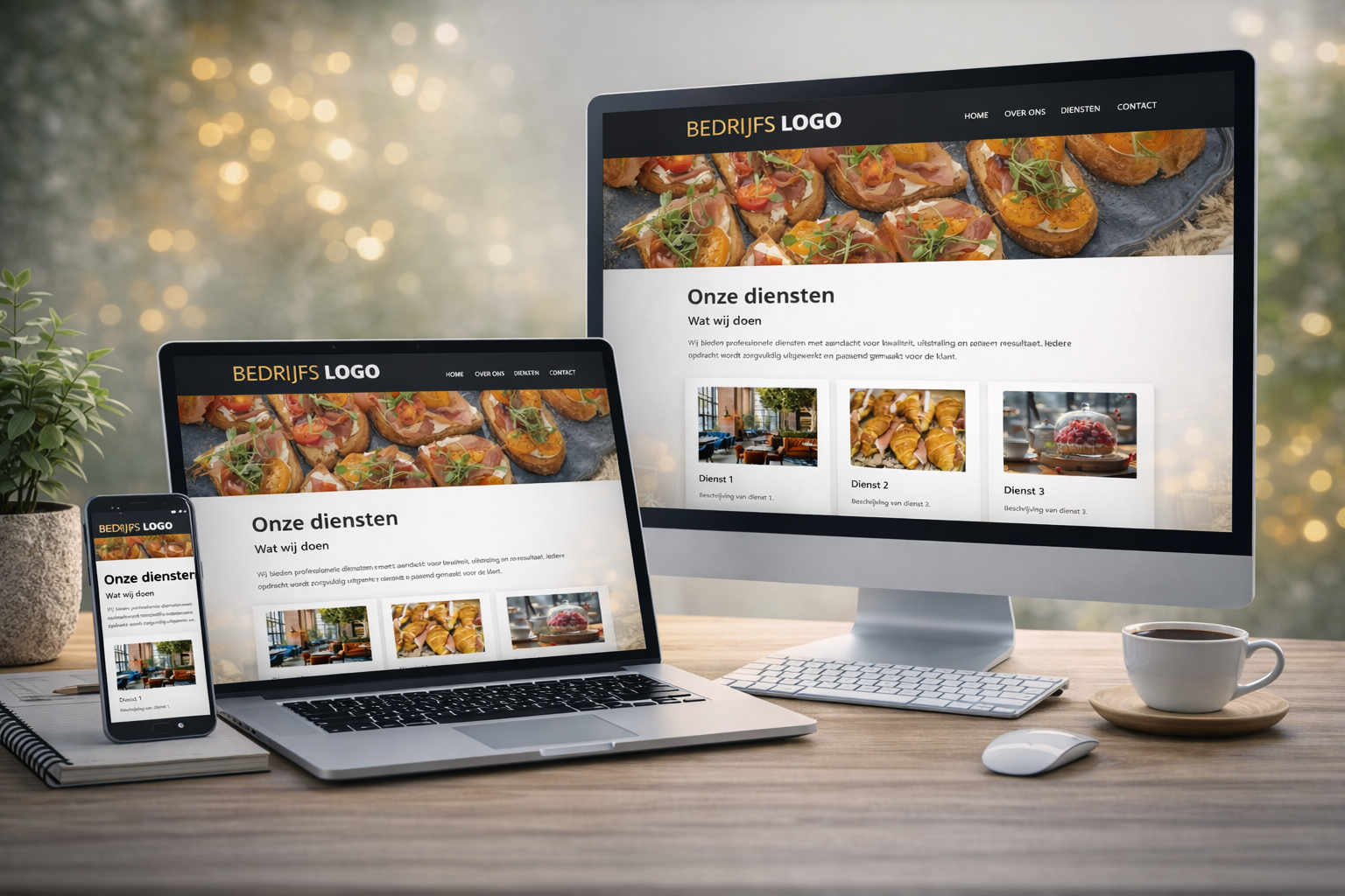 Voorbeeld van website op desktop, laptop en mobiel