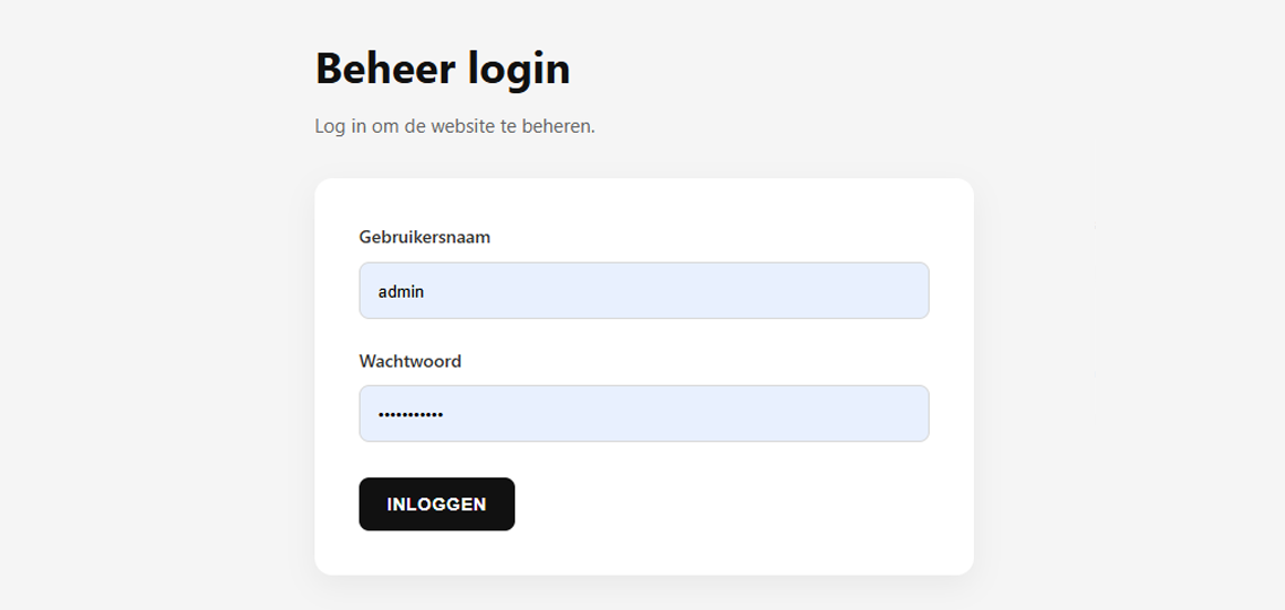 Screenshot van de beheer login