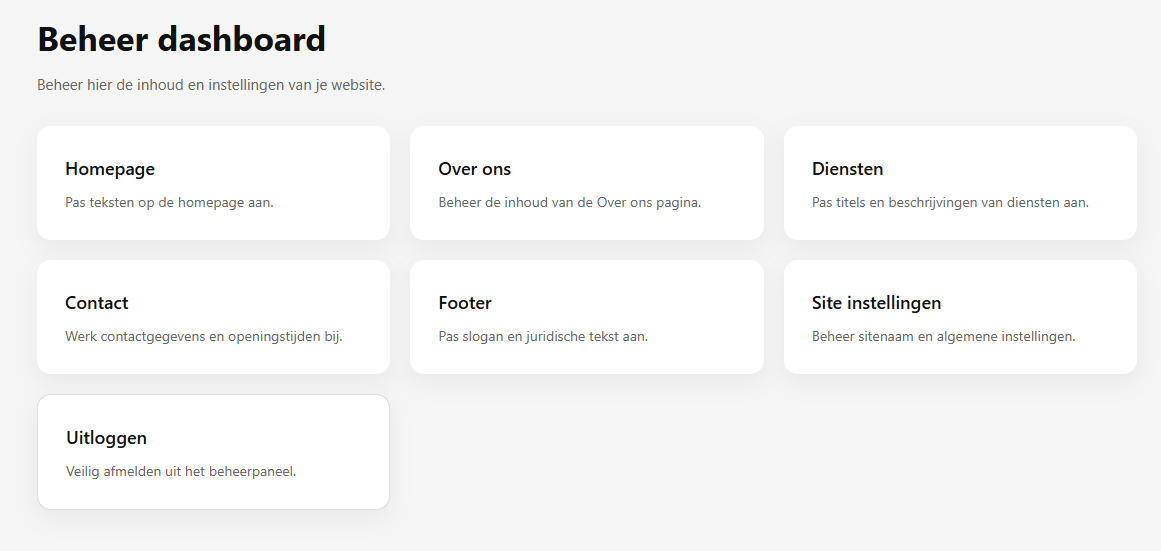 Screenshot van het beheer dashboard